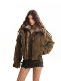 Deconstructed Cargo Puffer Jacket with Faux-Fur Collar