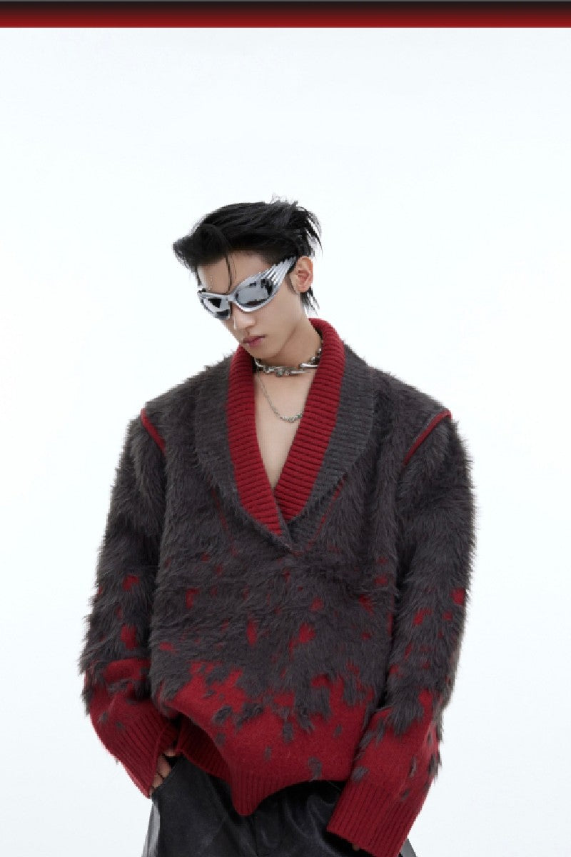 Gradient Shaggy V-Neck Knit Sweater