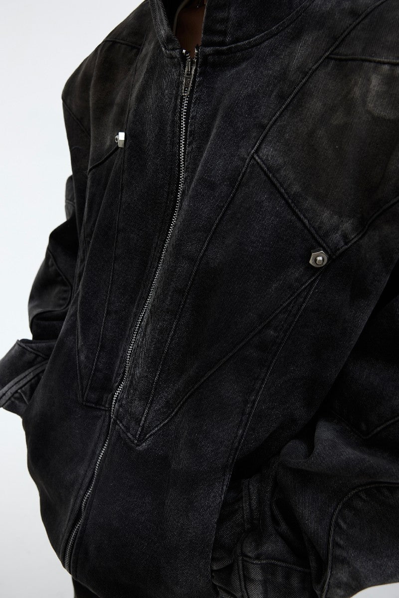 Distressed Hooded Shoulder-Pad Denim Jacket