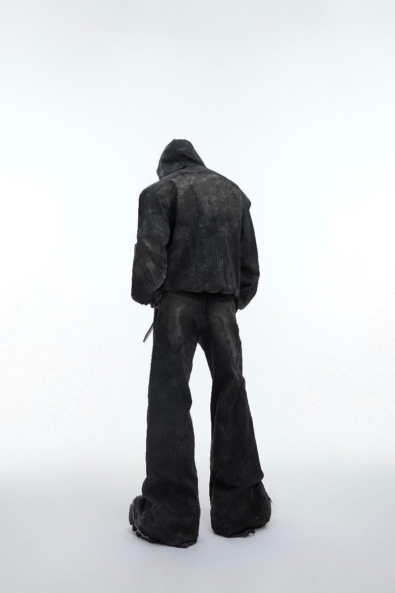 Distressed Hooded Shoulder-Pad Denim Jacket
