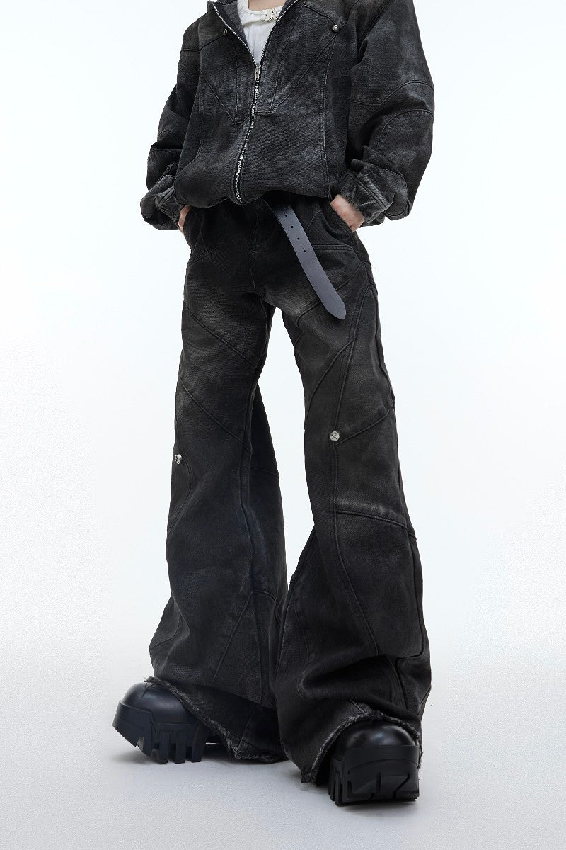 Distressed Hooded Shoulder-Pad Denim Jacket
