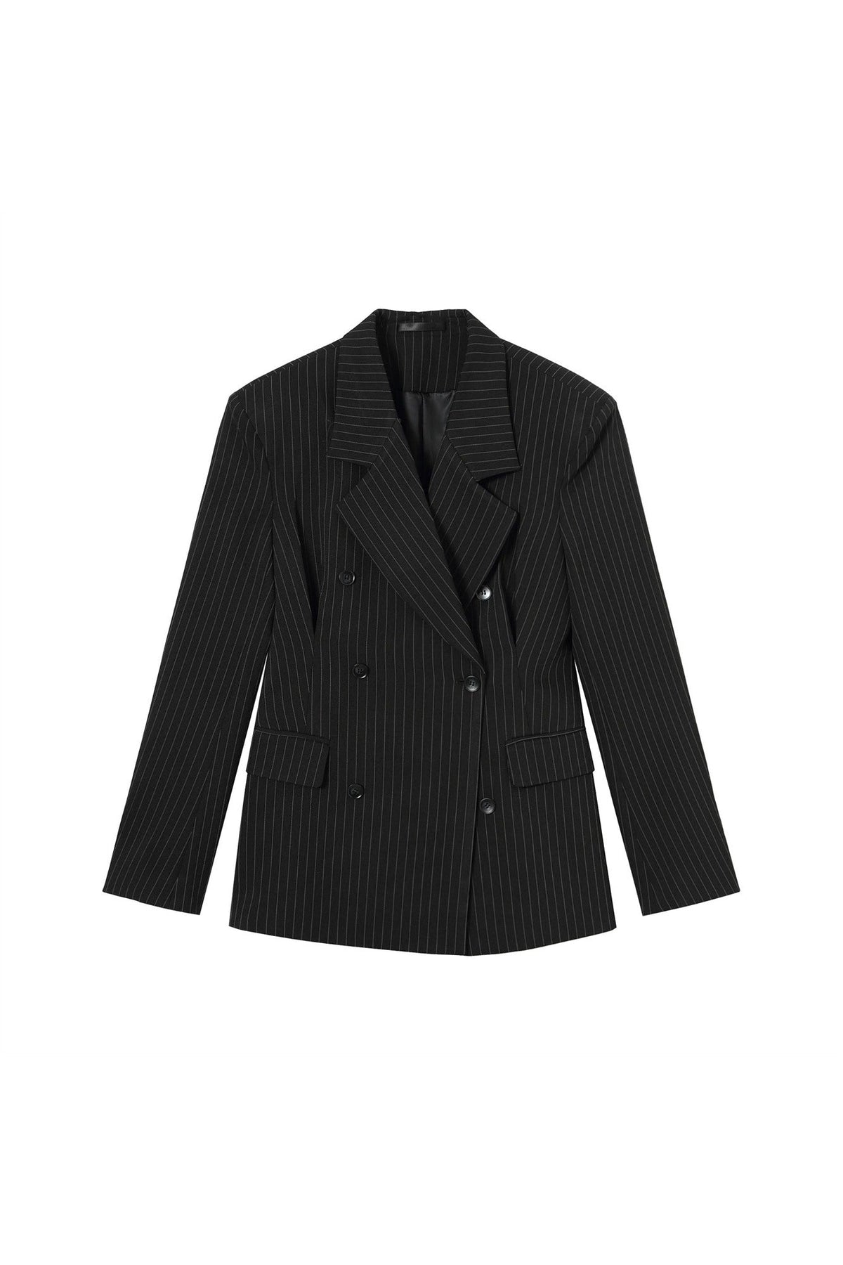 Black Pinstripe Cinched Waist Double-Breasted Blazer