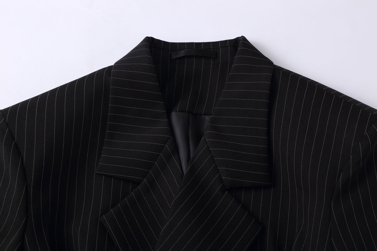 Black Pinstripe Cinched Waist Double-Breasted Blazer