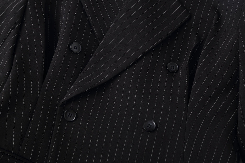 Black Pinstripe Cinched Waist Double-Breasted Blazer