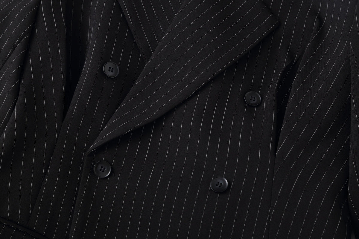 Black Pinstripe Cinched Waist Double-Breasted Blazer