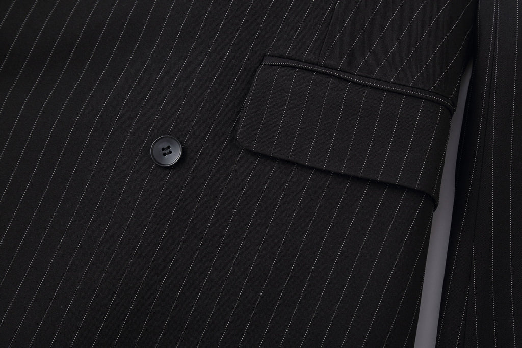 Black Pinstripe Cinched Waist Double-Breasted Blazer