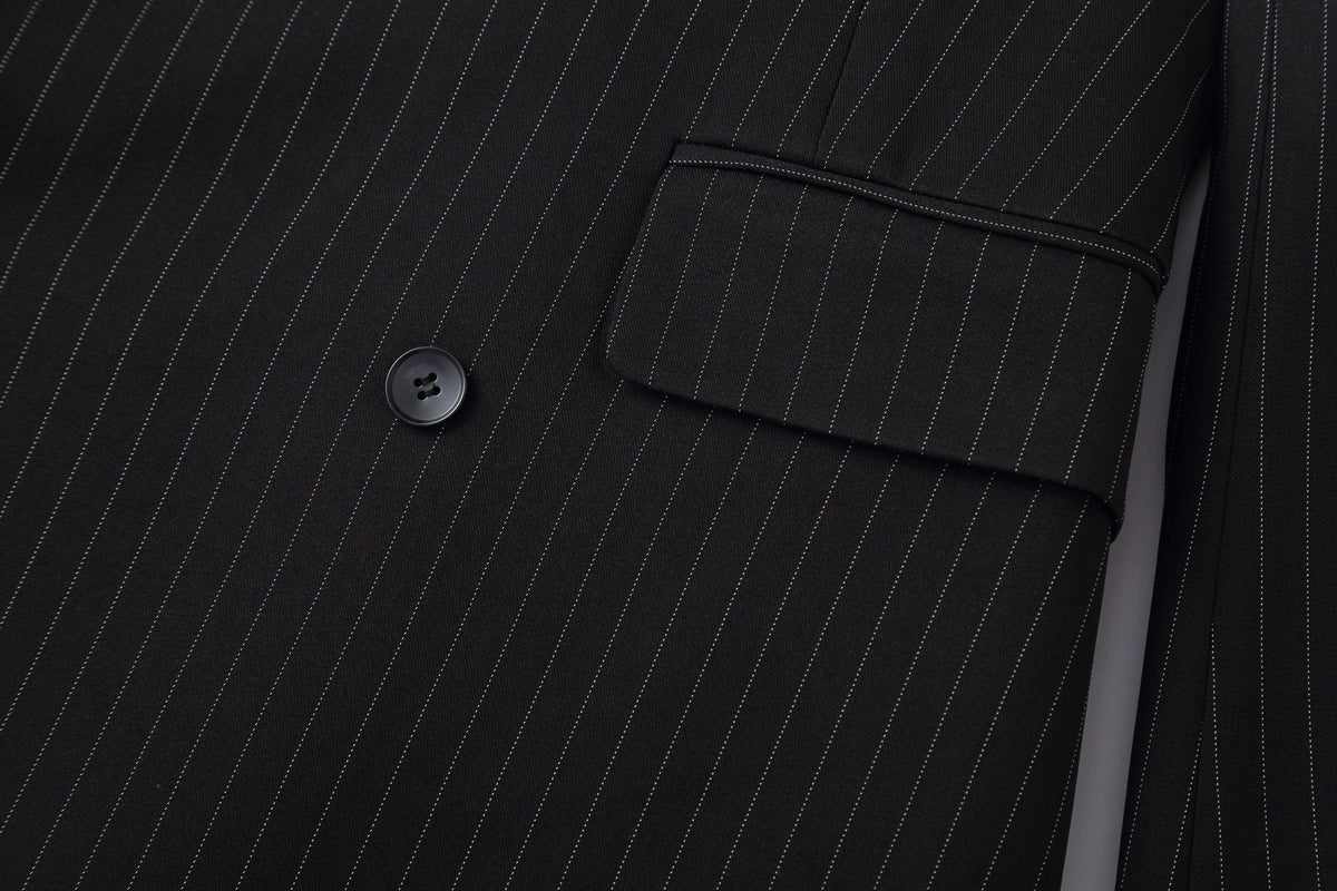 Black Pinstripe Cinched Waist Double-Breasted Blazer