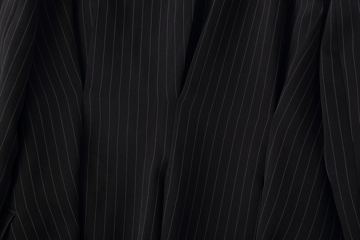 Black Pinstripe Cinched Waist Double-Breasted Blazer