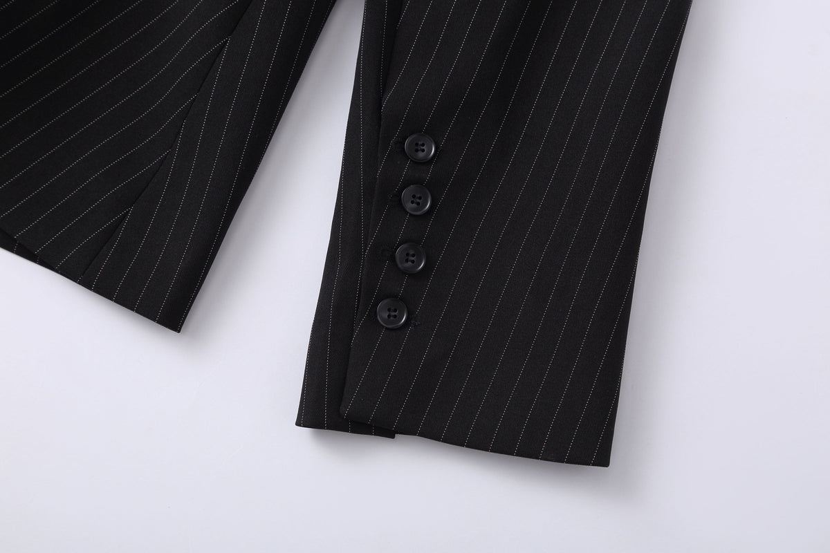 Black Pinstripe Cinched Waist Double-Breasted Blazer