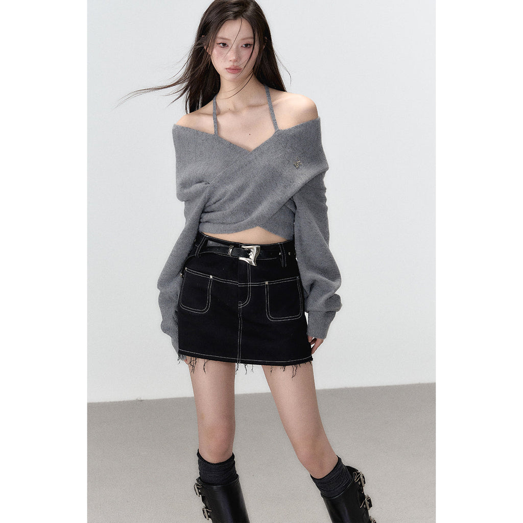 Grey Crossed Knit Halter Top