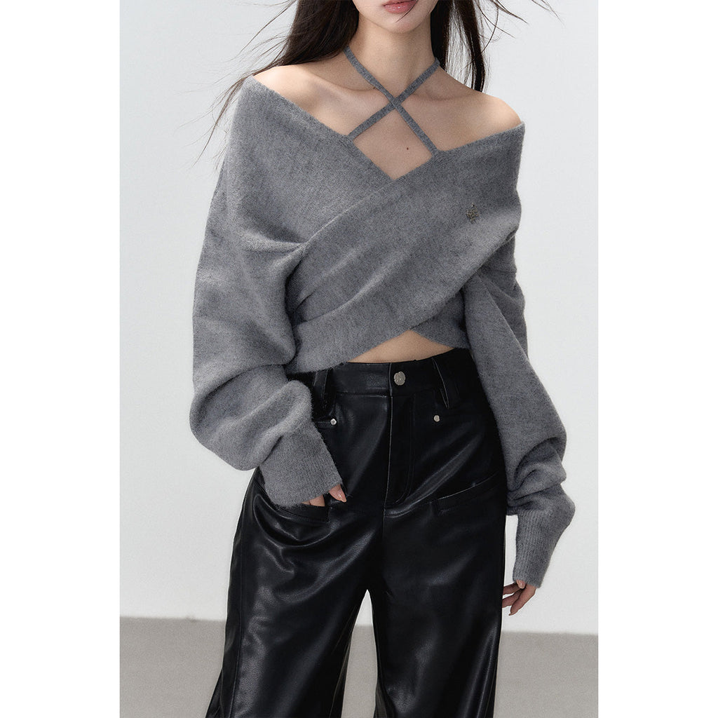 Grey Crossed Knit Halter Top
