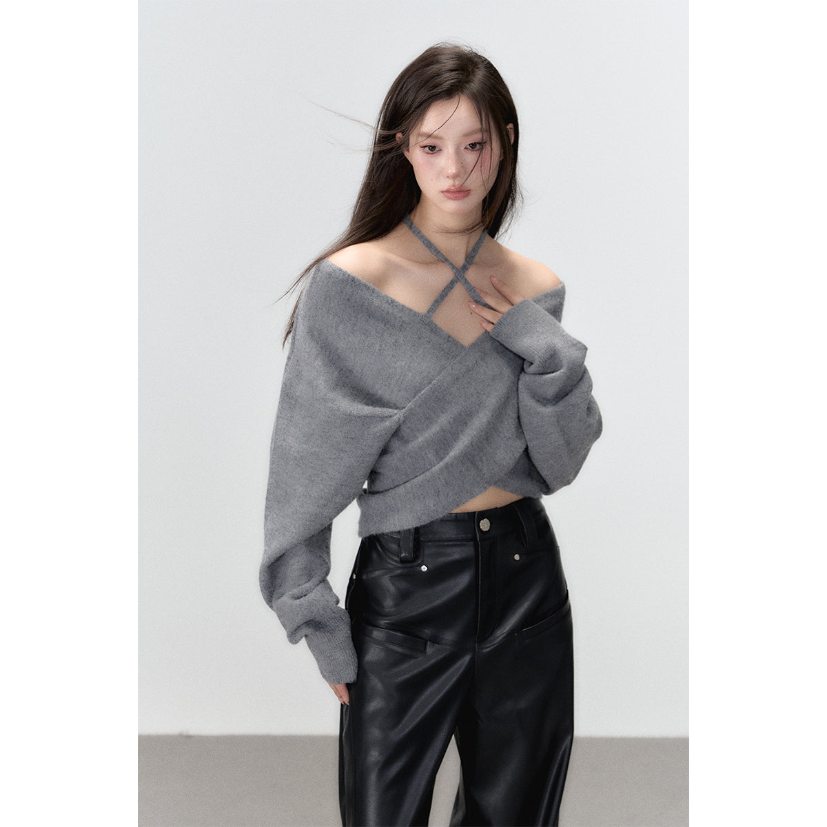 Grey Crossed Knit Halter Top