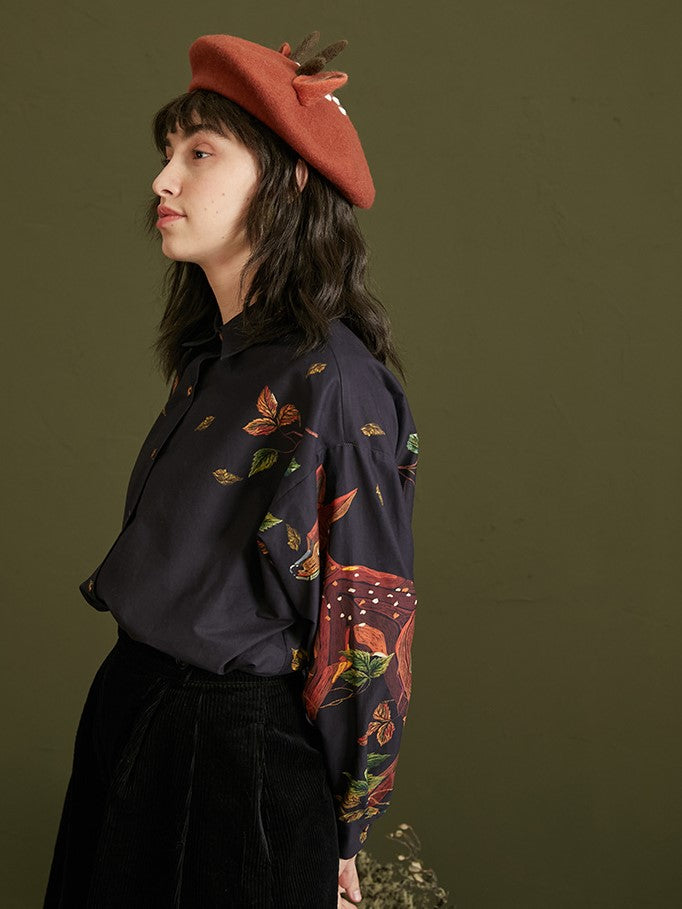 Enchanted Forest Deer Embroidered Blouse