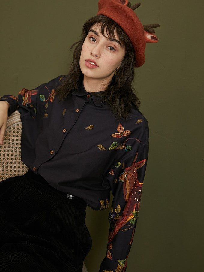Enchanted Forest Deer Embroidered Blouse