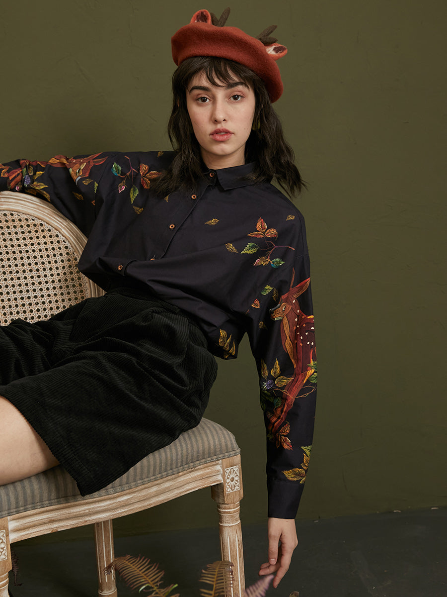 Enchanted Forest Deer Embroidered Blouse