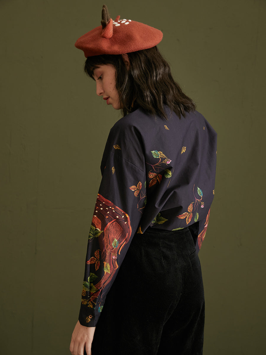 Enchanted Forest Deer Embroidered Blouse