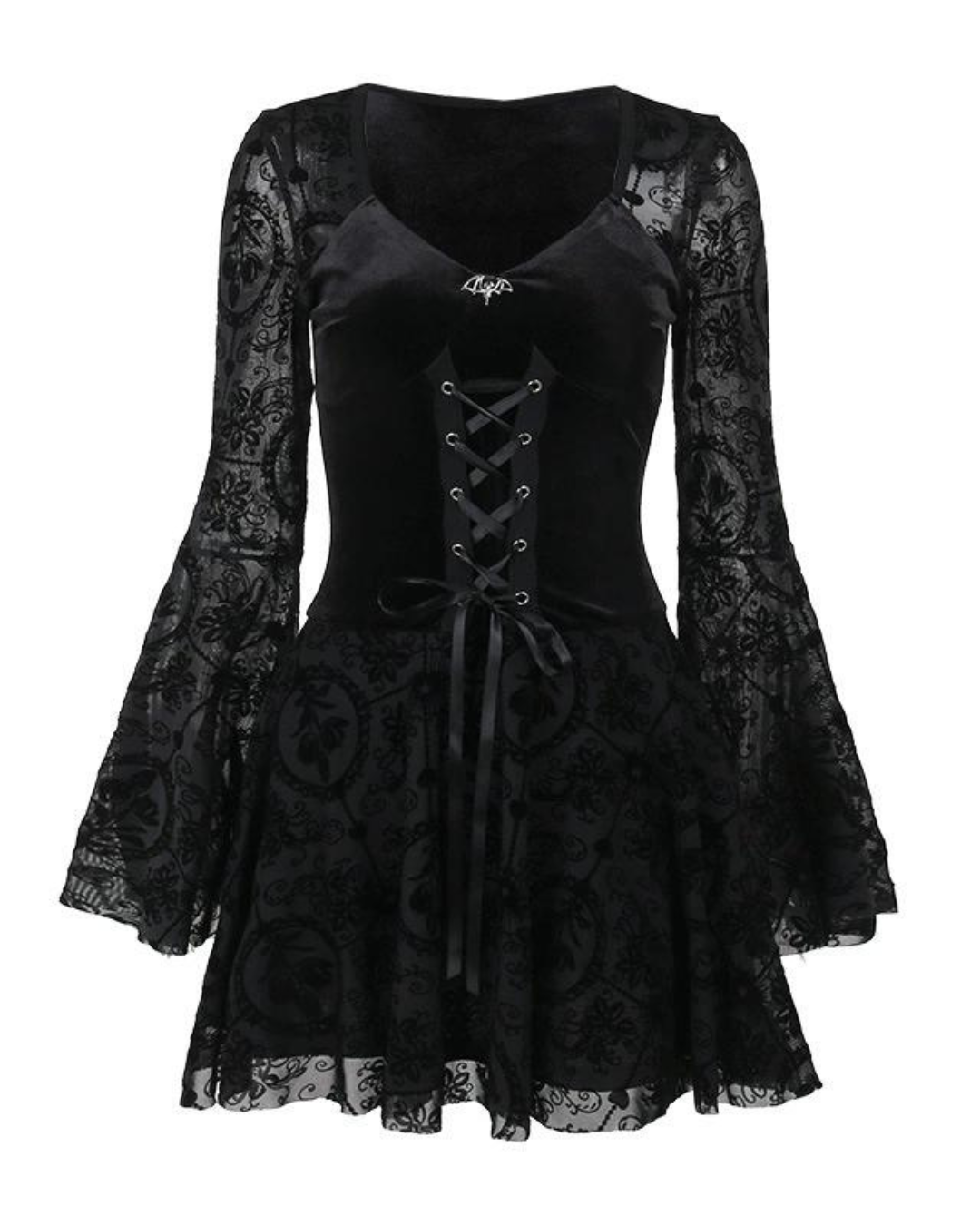 Lady Ghost Black Gothic Lace Bell-Sleeve Mini Dress