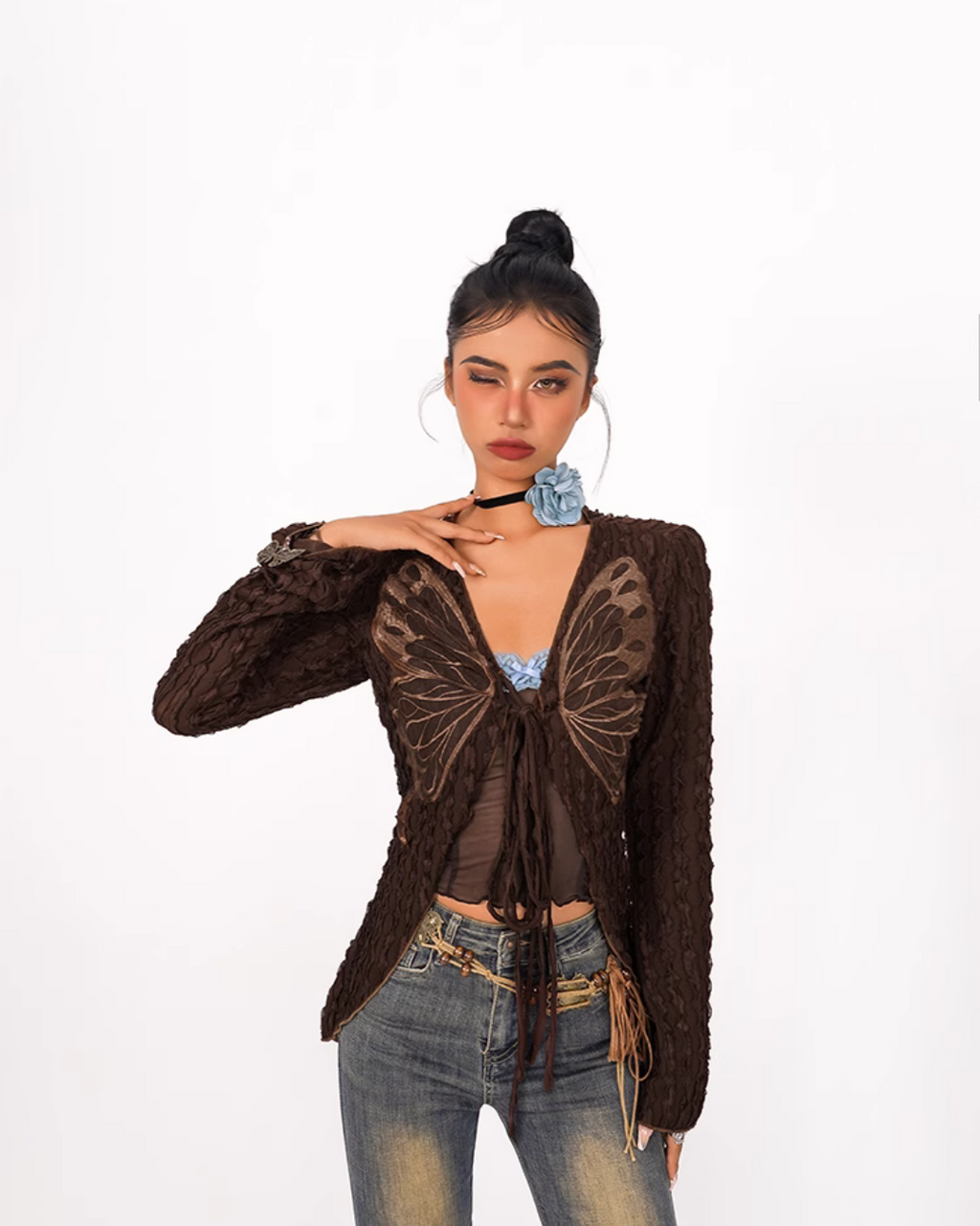 Bronze Butterfly Twist-Front Crop Top