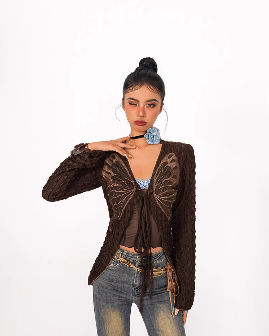 Bronze Butterfly Twist-Front Crop Top