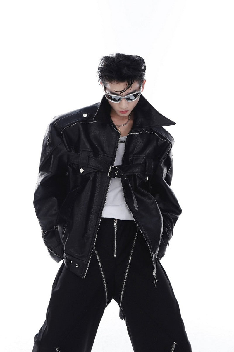 Zipper Leather Jacket With Logo