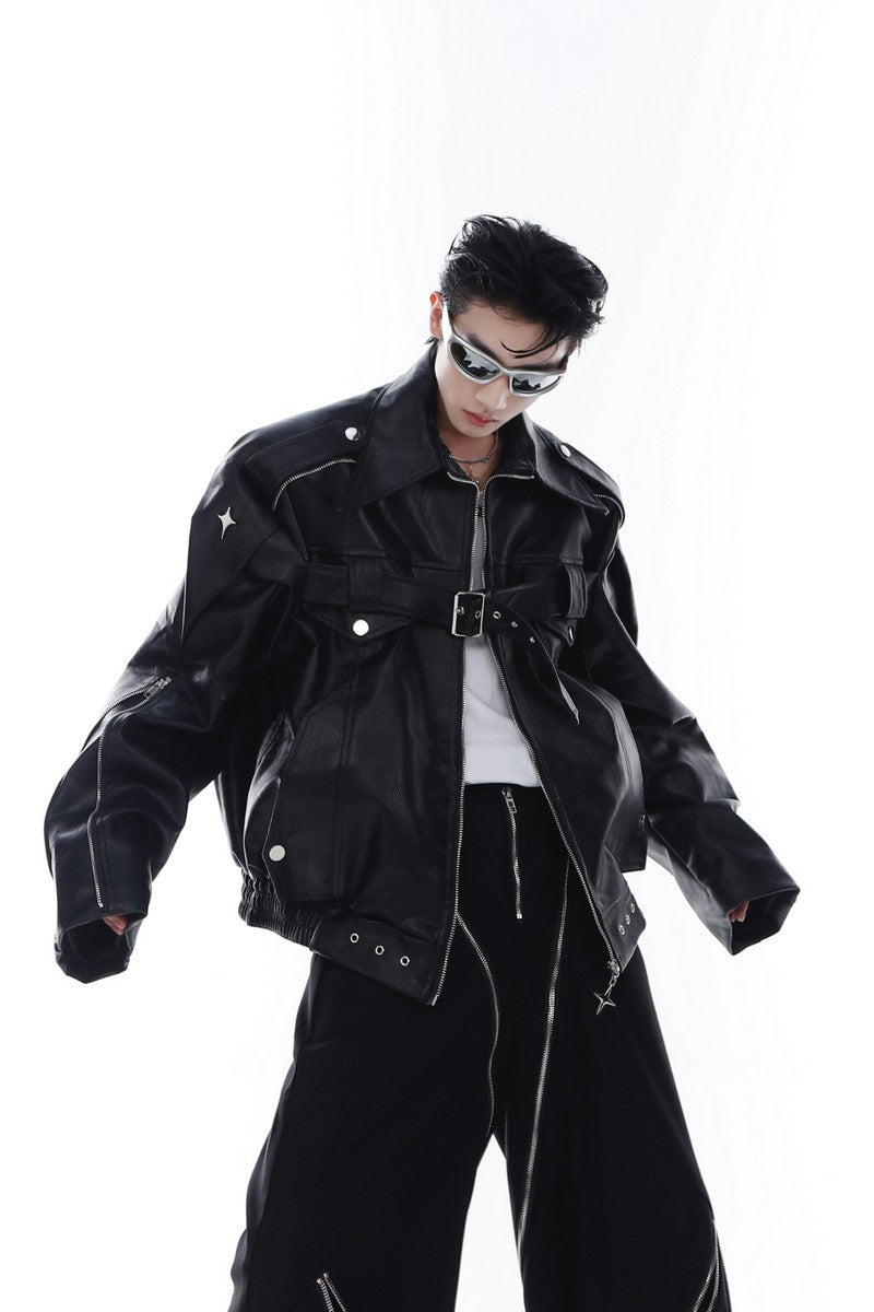 Zipper Leather Jacket With Logo