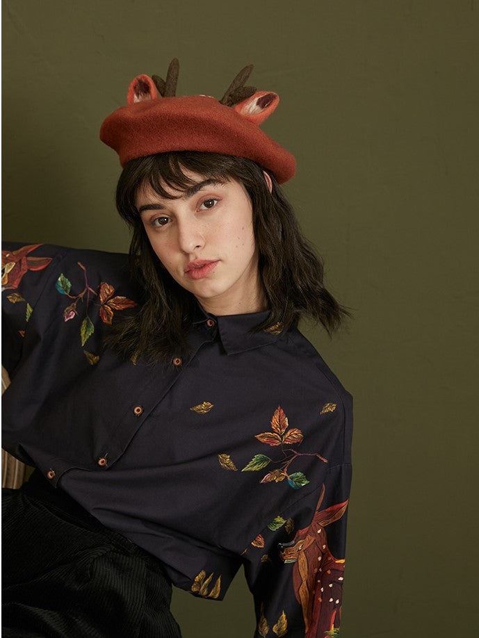 Enchanted Forest Deer Embroidered Blouse