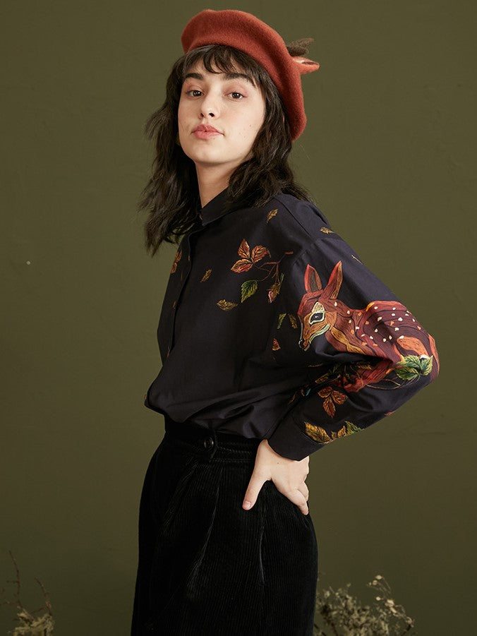 Enchanted Forest Deer Embroidered Blouse