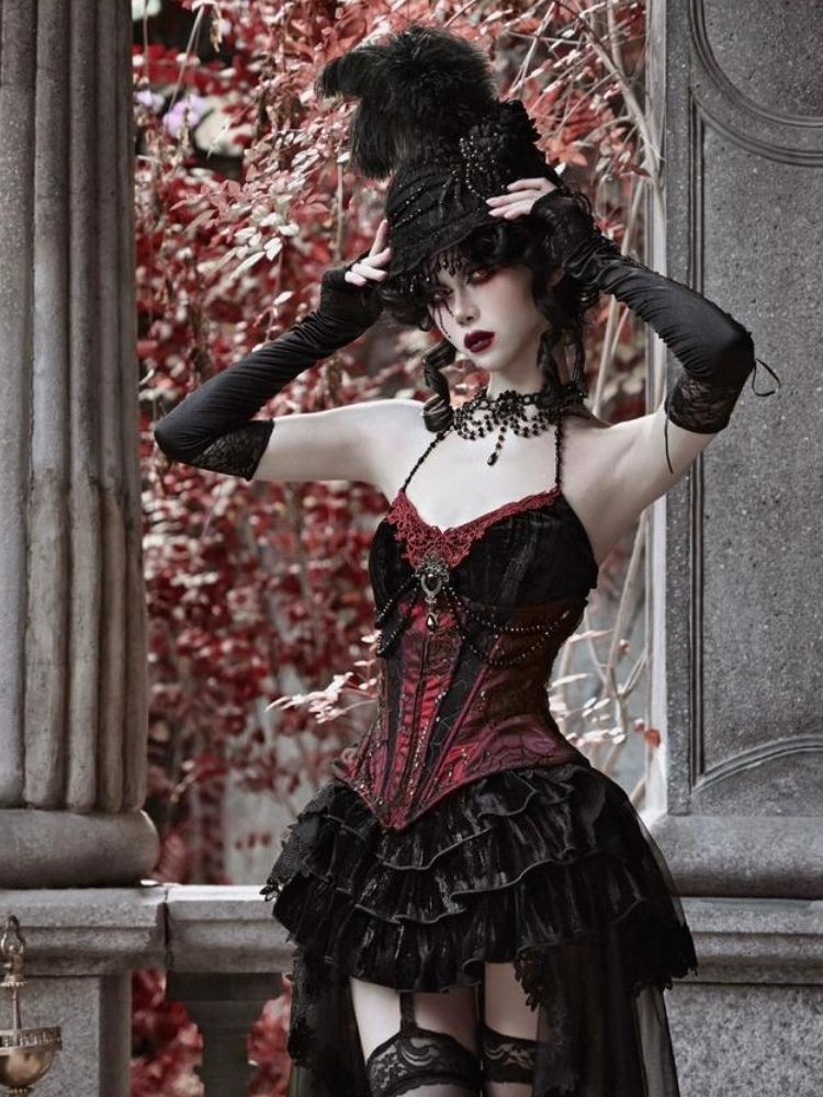 Gothic Velvet Halloween Suspender Dress Set