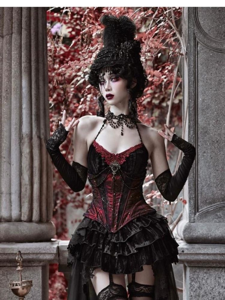 Gothic Velvet Halloween Suspender Dress Set