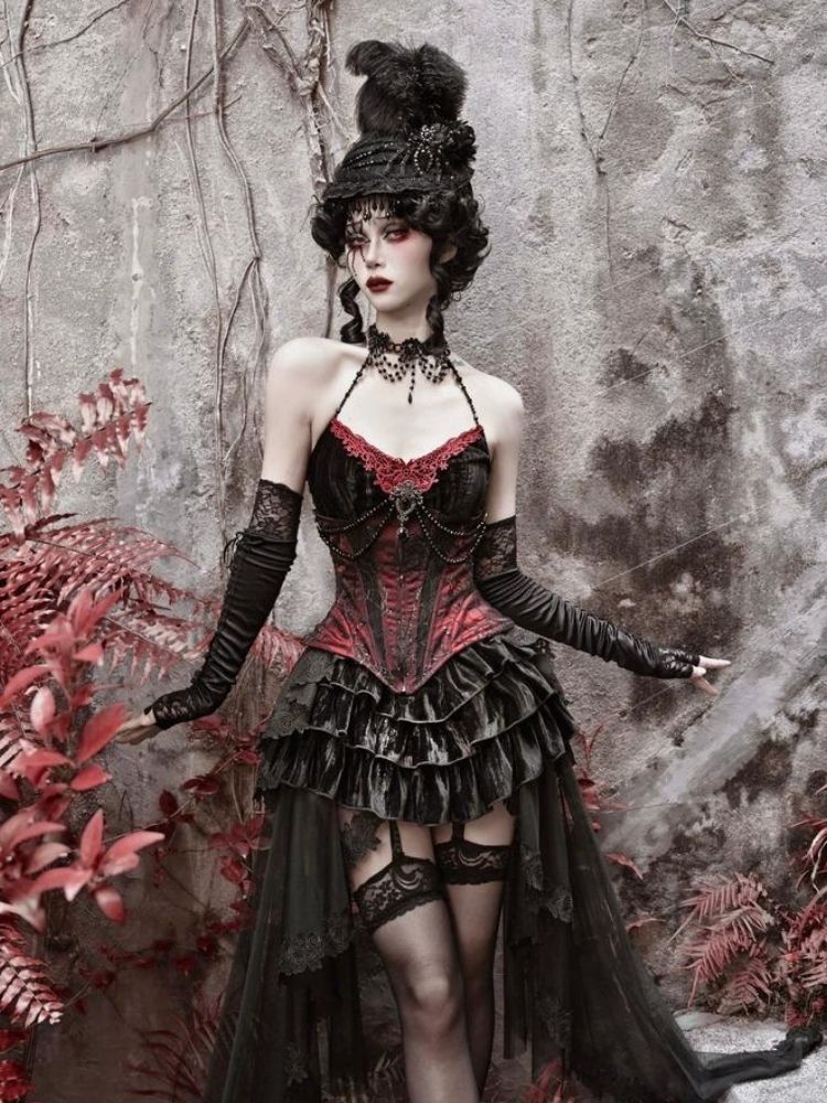 Gothic Velvet Halloween Suspender Dress Set