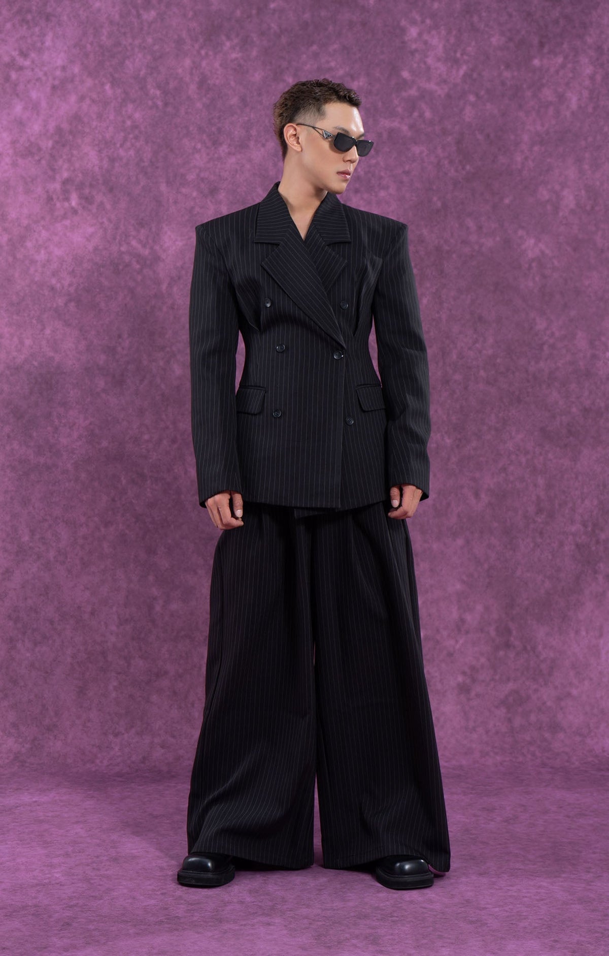 Black Pinstripe Cinched Waist Double-Breasted Blazer