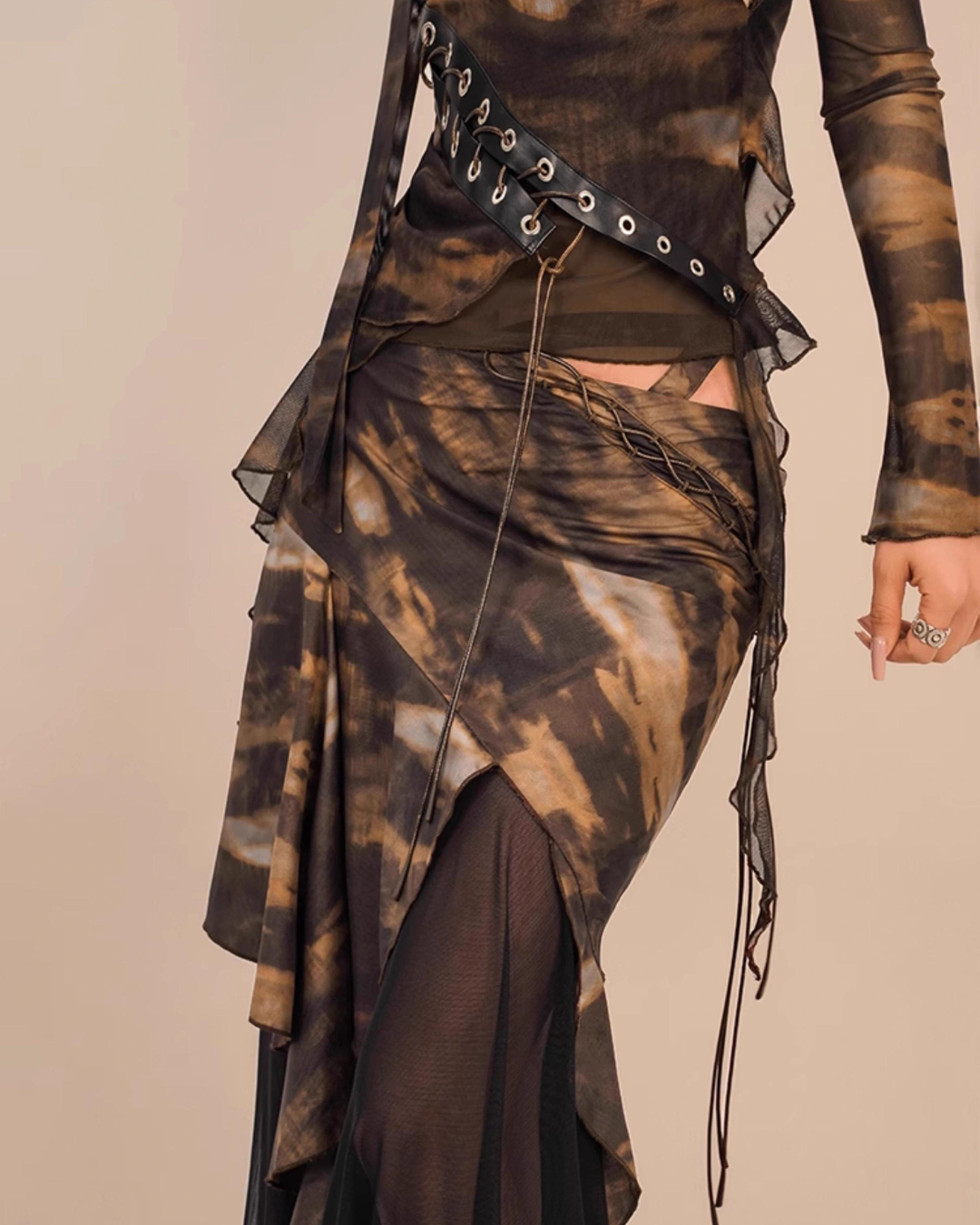 Abstract Tie-Dye Asymmetrical Skirt - Brown and Black