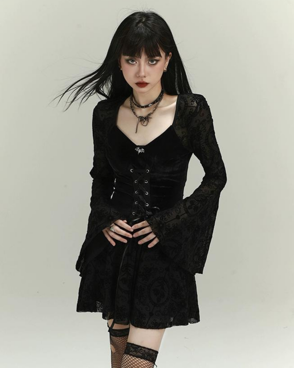 Lady Ghost Black Gothic Lace Bell-Sleeve Mini Dress