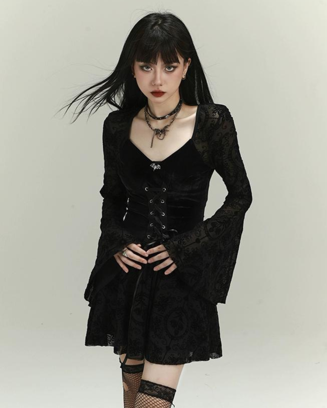 Lady Ghost Black Gothic Lace Bell-Sleeve Mini Dress