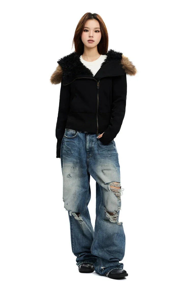 Zip-Up Hoodie with White Faux Fur Hood Trim