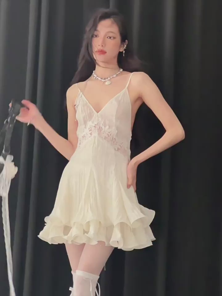 White Lace Slip Dress with Ruffle Hem