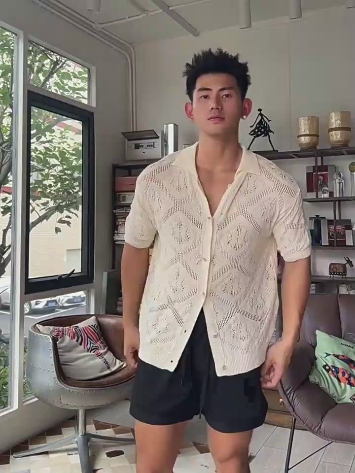 Men's White Crochet Button-Up Shirt