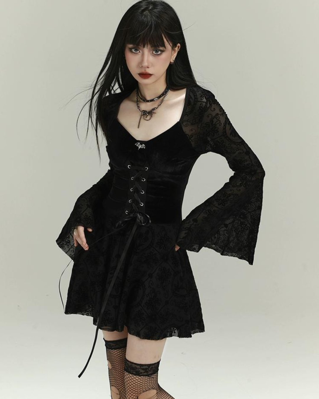 Lady Ghost Black Gothic Lace Bell-Sleeve Mini Dress