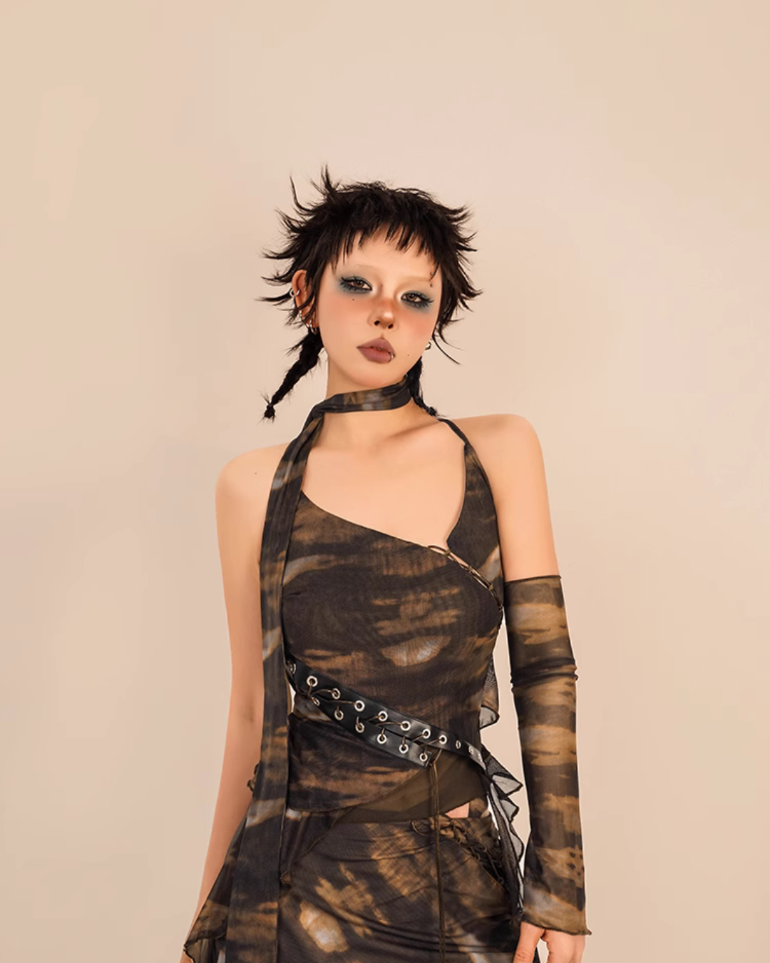 Abstract Tie-Dye Asymmetrical Skirt - Brown and Black