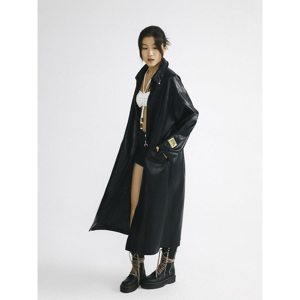 Oversized Black Hooded Leather-Look Coat
