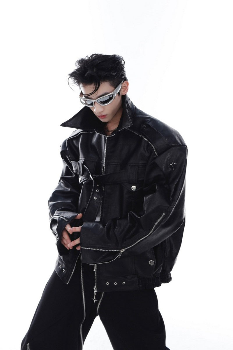 Zipper Leather Jacket With Logo
