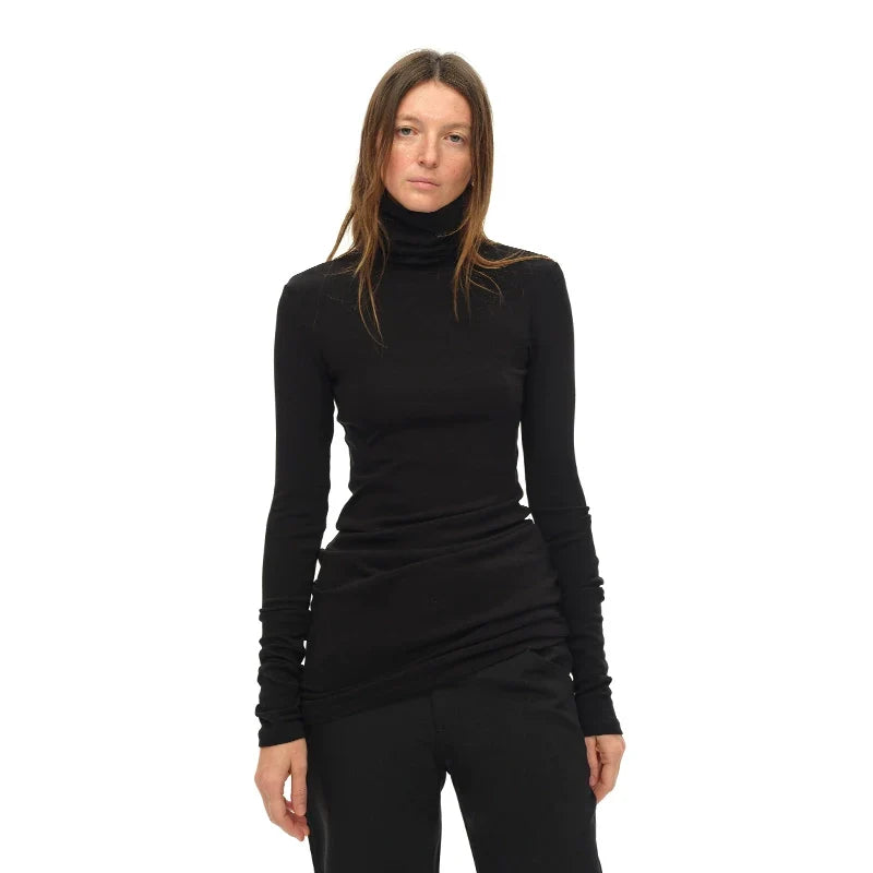 Black Turtleneck Draped Knit Top
