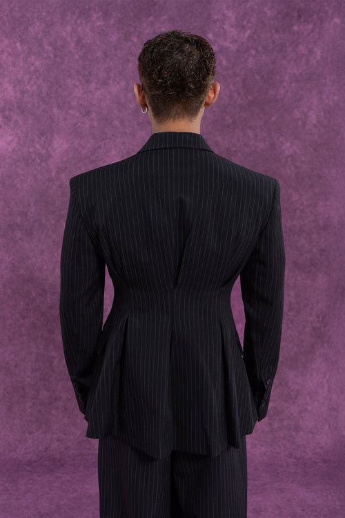 Black Pinstripe Cinched Waist Double-Breasted Blazer