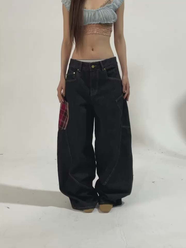 Plaid-Patch Wide-Leg Denim Cargo Pants