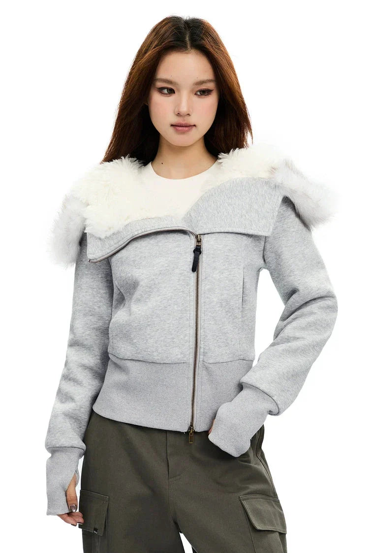 Zip-Up Hoodie with White Faux Fur Hood Trim