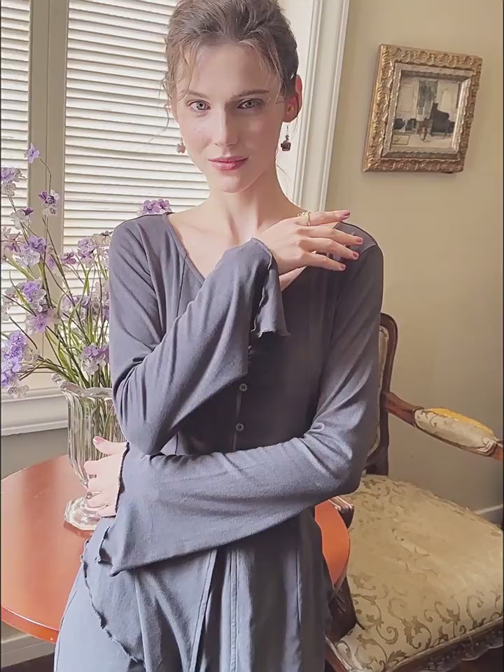 Charcoal Grey Button-Up Long Sleeve Wide Leg Jumpsuit