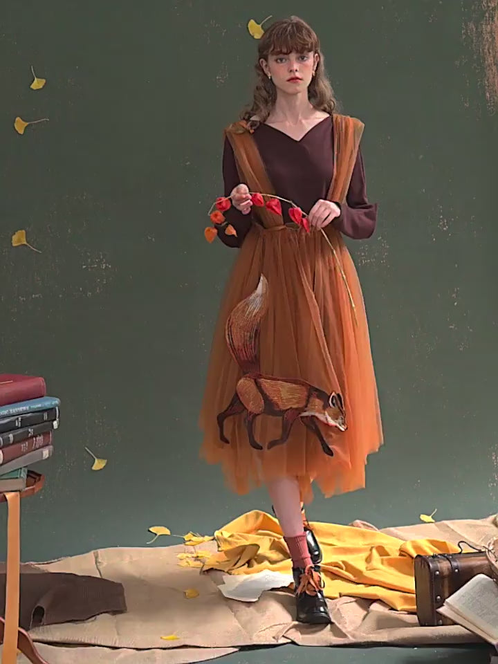 Embroidered Fox Tulle Strap Skirt