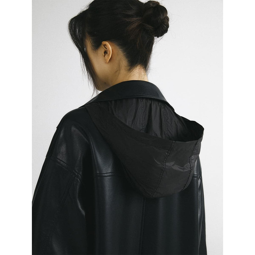 Oversized Black Hooded Leather-Look Coat