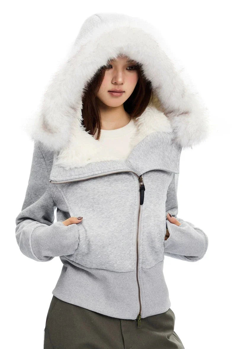 Zip-Up Hoodie with White Faux Fur Hood Trim
