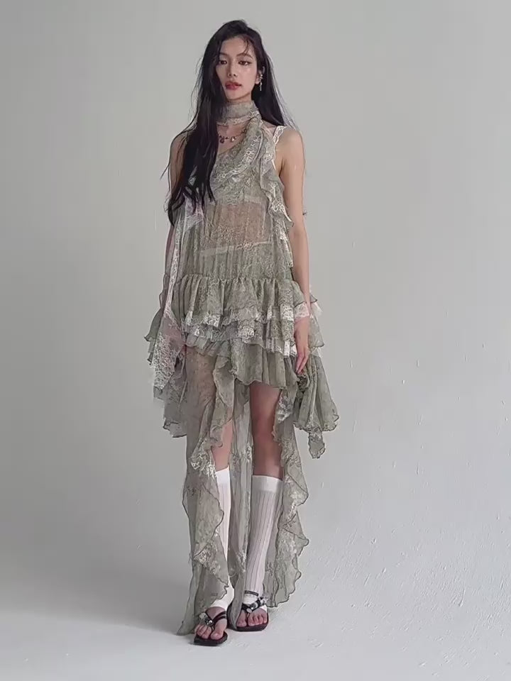 Ruffle Edge Neck Vest Dress Set